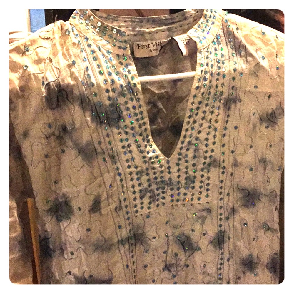 Amazing detail smokey blue and cream dress